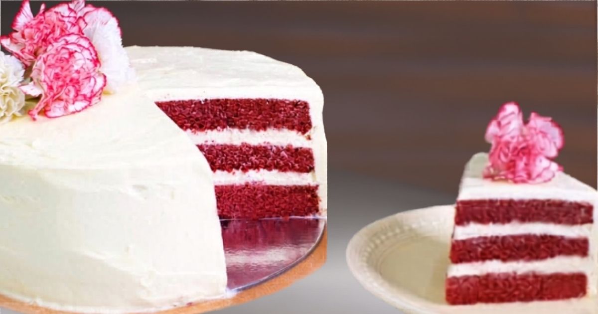 3 Layers Of Red Velvet Cake With Cream Cheese Buttercream Frosting