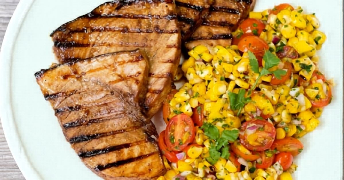 Honey-Ginger Glazed Blue Marlin Steaks With Grilled-Corn Mango Salsa