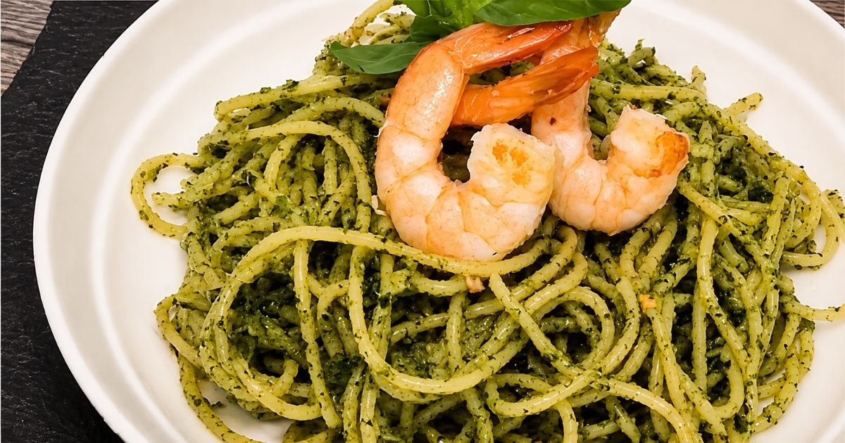 Homemade Spinach-Basil Pesto Shrimp Pasta