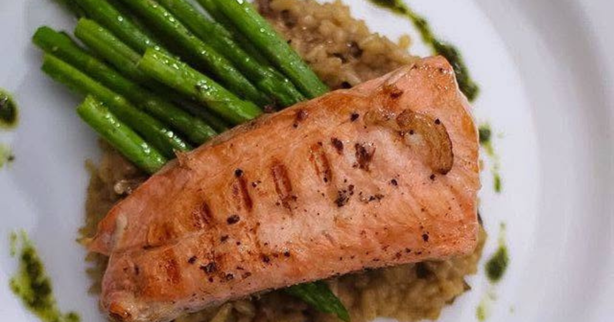 Porcini Mushroom Risotto With Grilled Salmon And Asparagus
