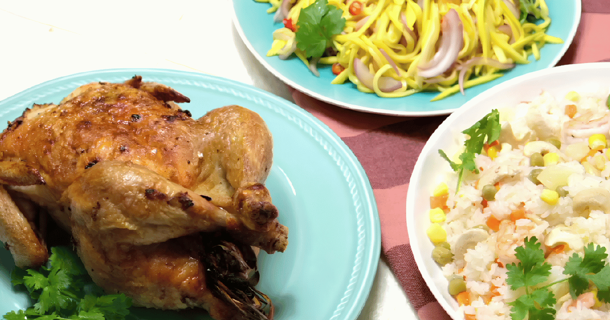 Lechon Manok, Shrimp Pineapple Fried Rice And Green Mango Salad
